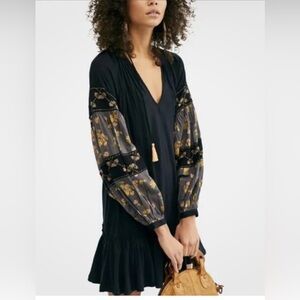 Free People Mix it Up Balloon Sleeve Floral Tunic Mini Dress Blouse, Size L EUC
